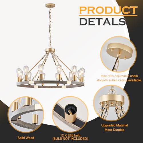 Benkut Farmhouse Wagon Wheel Chandelier 31" Black Rustic Light Fixtures 12-Light Wood Round Chandelier for Dining Room Living Room Entryway Foyer