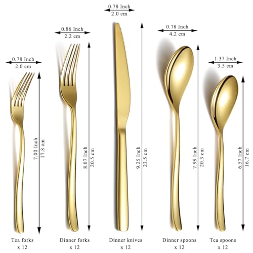 Berglander Gold Silverware Set 60pcs Service for 12, Golden Titanium Plating Stainless Steel Flatware Set, Gold Spoons Forks Knives Set for Home, Wedding, Restaurant, Hotel, Dishwasher Safe