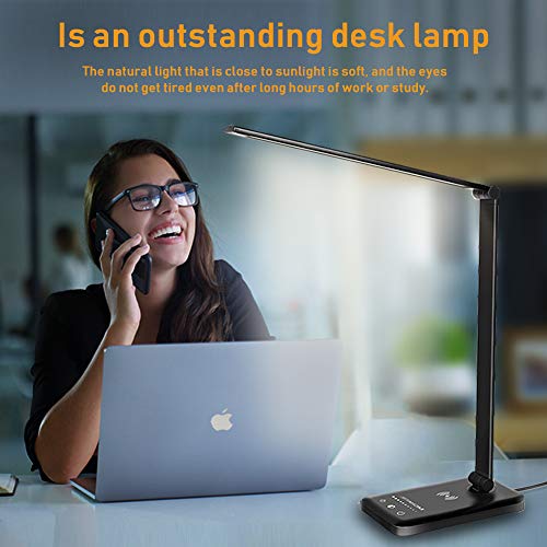 MCHATTE LED Desk Lamp with USB Charging Port, Dimmable Eye-Caring Table Lamps with Wireless Charger, 5 Brightness Levels & 5 Lighting Modes, Touch Control, Auto Timer