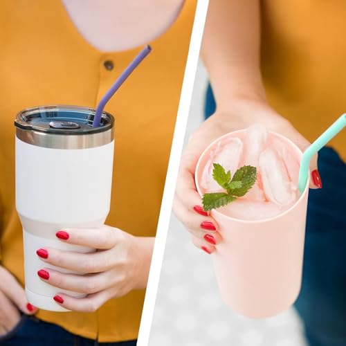 Flathead Products Bent Silicone Straws Reusable and Cleaning Brush - Flexible, Long Bendy Straws for 20 ounce-32 Ounce Tumblers & 30 Ounce Smoothie Cups - Dishwasher Safe & Easy to Clean (Set of 10)