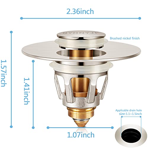 Bathroom Sink Stoppers Brushed Nickel,Pop Up Drain Stopper for Bathroom Sink,2-in-1 Sink Stopper & Strainer,Universal Wash Basin Sink Stopper,for 1.1"~1.5" Bathroom Sink Drain Pipe(Brushed Nickel)