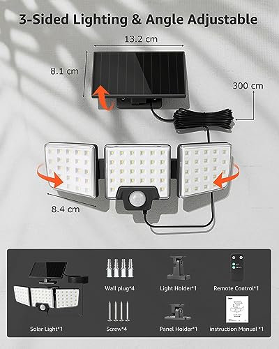 Lepro Solar Security Lights Outdoor Motion Sensor, 2 in 1 Separated and Integrated Remote Control IP65 Waterproof Solar Lights with 2 Light Modes, 3 Heads Solar Floodlight for Garden Yard Garage
