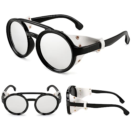 FEISEDY Retro Round Steampunk Sunglasses Women Men Vintage Eyewear Light Plastic Frame with Leatherwear B2532…
