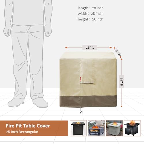 SheeChung Fire Pit Cover Square 28" L x 28" W x 25" H,Waterproof 600D Heavy Duty Outdoor Fire Pit Table Cover, Fits 24-28 Inch Square Fireplace,Gas Fire Pit Cover,Beige