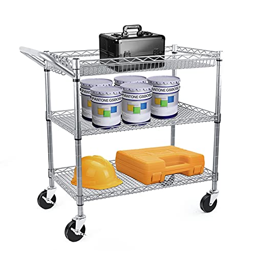WDT Heavy Duty 3 Tier Utility Cart,Wire Rolling Cart with Wheels, Commercial Grade Service Cart with Shelving Liners and Handle Bar Metal Carts for Kitchen Office Hardware (750LBS Capacity Black)
