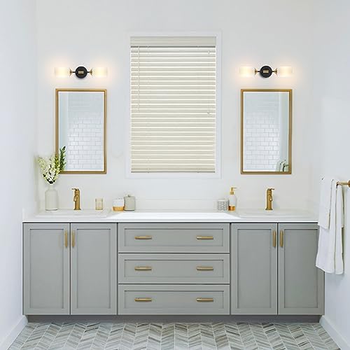 BYOLIIMA Industrial Mid Century Wall Sconce 2-Lights with White Cylinder Glass Shades Modern Bathroom Vanity Wall Lamp Matte Black and Gold Brushed Brass Finished Wall Light Fixture
