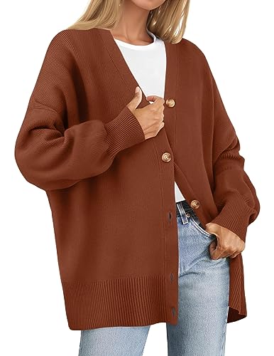 ZESICA Women's 2024 Casual Long Sleeve Cardigan V Neck Button Down Open Front Knit Loose Oversized Sweater Coat,Toffee,Medium