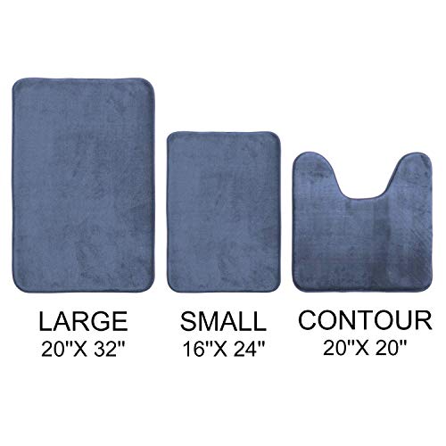 AOACreations Memory Foam Bath Rug, Bathroom Mat Set of 3, Soft, Plush, Absorbent, Low Pile, Includes 1 Large 20" x 32", 1 Contour 20" x 20", 1 Small 16" x 24" (Blue Grey)