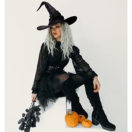 UTTPLL Halloween-Witch-Costume-Accessory-Cosplay Womens Ruched Witches Hats Wizard Headwear Girls Wide Brim Pointed Hat Magic Party Christmas Masquerade Carnivals Black