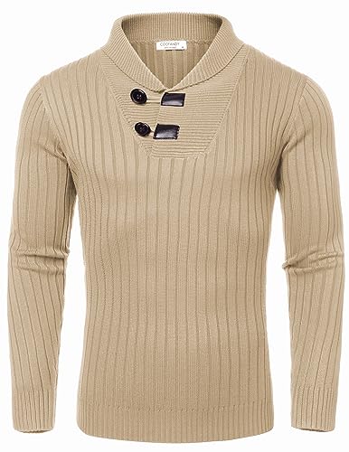 COOFANDY Men's Shawl Collar Sweaters Casual Slim Fit Button Knitted Pullover Sweater Navy Blue
