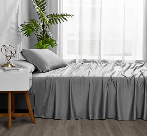 ACCURATEX Cooling Sheets Twin Size Grey - Viscose Made from Bamboo, Luxury Hotel Sheet Set for Twin Size Bed, Super Soft Breathable Bedding Sheets up to 16 inches Deep Pockect