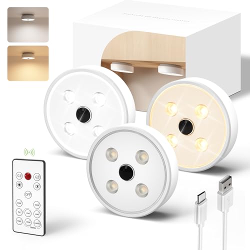 EZVALO Under Cabinet Lights, 2 Color Temps Motion Sensor Puck Lights, 1200mAh Rechargeable Puck Lights, Group Control LED Closet Lihgts, Dimmable Under Counter Lights for Kitchen, Cabinet (3 Pack)
