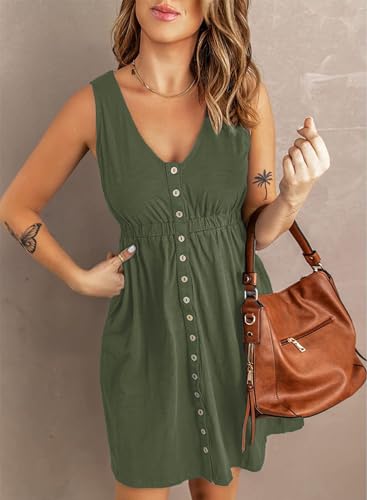 Summer Dresses for Women Sleeveless Casual Sundresses Floral Sun Dress with Pockets Blue Green Leaf M