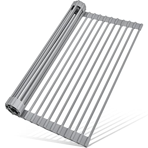 MERRYBOX Roll Up Over The Sink Dish Drying Rack Silicone Wrapped Foldable, Heat-Resistant, Anti-Slip Sink Rack Multipurpose Dish Drainer for Kitchen Sink Counter - Grey, 17.5" x 11"