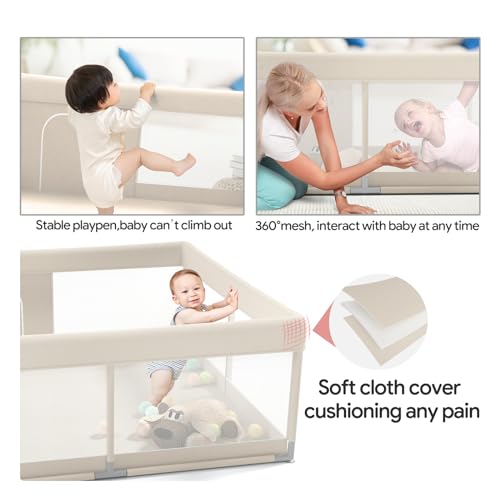 Fodoss Baby Playpen, Upgrade Playpen for Babies and Toddlers, 47x47x26inch Beige Play Pen for Babies with Hand Pulling Ring, Play Pen Center for Kids,Baby Fence,Baby Playards