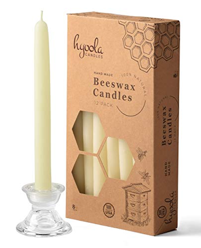 8" Beeswax Taper Candles 12 Pack - Handmade, All Natural, 100% Pure Unscented Bee Wax Candle - Tall, Decorative, White - 8 Hour Burn Time