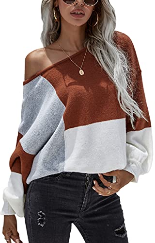ECOWISH Women Sweater Long Sleeve Color Block Knit Pullover Sweaters Crew Neck Patchwork Casual Loose Jumper Tops Red Medium