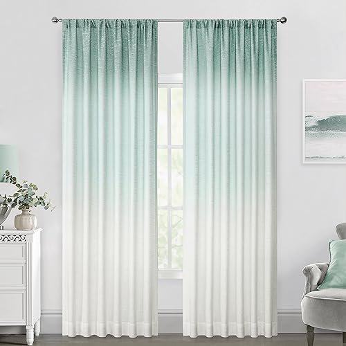 Vision Home Ombre Window Cutains Panels Linen Texture Gradient Light Filtering Semi Sheer Curtains 63 inch Length for Living Room Bedroom Rod Pocket,Cream White to Aqua,50" Wx63 L Each,2 Panels