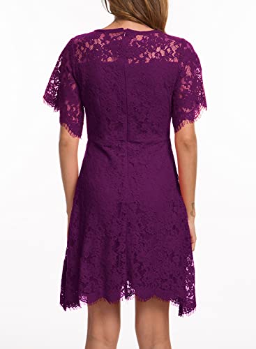 MSLG Women's Elegant Round Neck Short Sleeves Wedding Guest Floral Lace Cocktail Party Dress 943 (S, Purple)
