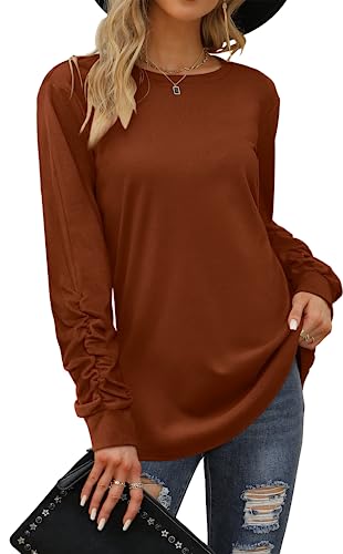 Dofaoo Long Sleeve Tops for Women Loose Fit Casual Fall Sweatshirt Brown S