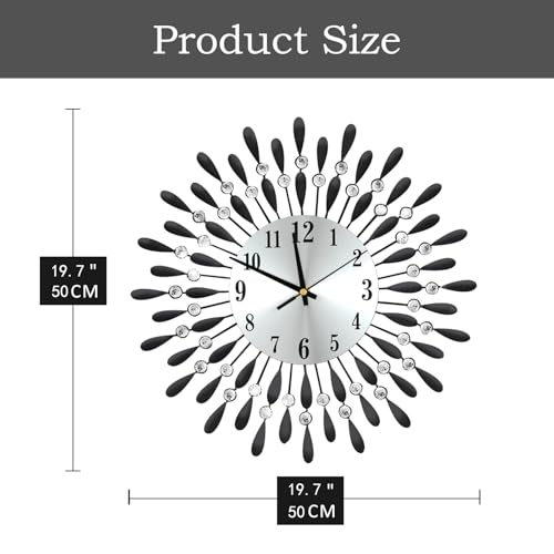 JUGV 19.7 INCH Black Wall Clock for Living Room Decor,Non-Ticking Quiet Metal Petals Dial Glass Big Wall Clocks Black for Bedrooms Kitchen and Small Space Decoration