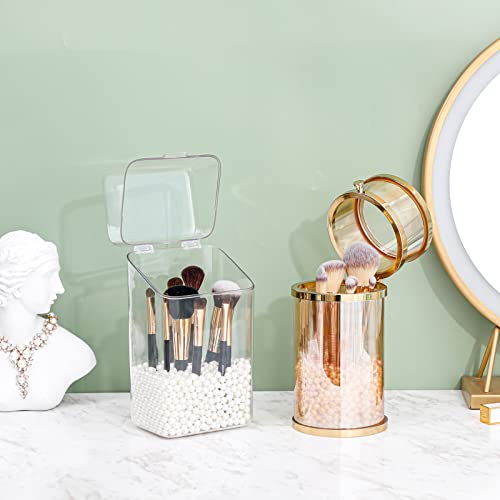 Yesesion Makeup Brush Holder with White Pearls, Clear Cosmetics Brushes Organizer with Lid, Large Capacity Storage Box for Vanity, Bathroom Counter, Dresser, Hair Accessories Organizer for Girls