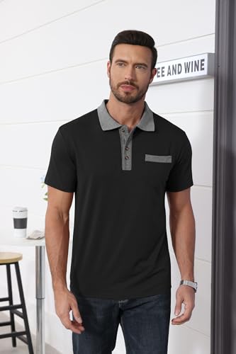 Lexiart Mens Fashion Short Sleeve Polo Shirts Splice Button Collar Regular-Fit Tshirts with Pocket Black