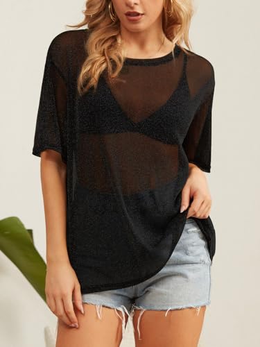 HWOKEFEIYU Women's Summer Short Sleeve Tops See Through Mesh Sheer Sexy T Shirt Blouse(Black,Small)