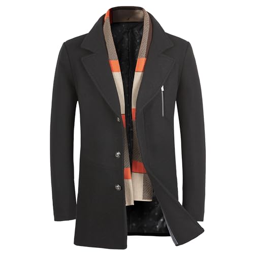 WULFUL Men’s Wool Blend Winter Coat Slim Fit Short Trenchcoat Warm Business Jacket with Detachable Soft Wool Scarf