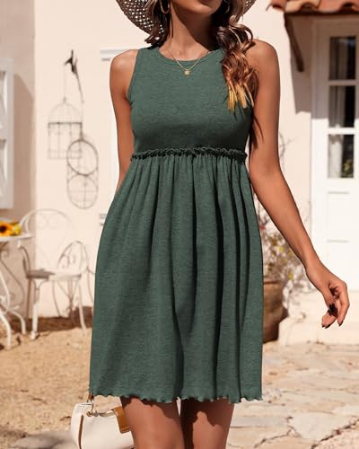 BTFBM Women Sleeveless Summer Dress 2025 Crewneck Ribbed Knit Ruffle Swing Button Down Beach Sun Mini Tank Short Dresses(Solid Dark Green, Medium)