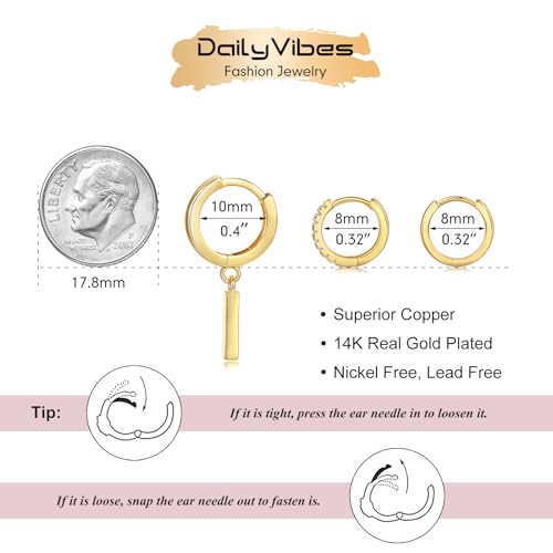 DAILY VIBES Small Gold Hoops Huggie Earrings for Women 14K Real Gold Plated Mini Bar Dangle Dainty Cubic Zirconia Cartilage Earring Hypoallergenic Hoop Earrings Set for Women