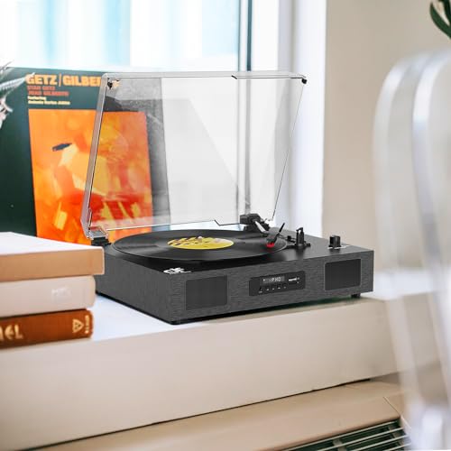 Record Player Bluetooth 3-Speed Vinyl Record Player with Stereo Speakers, USB Recording, RCA Line-Out, AUX-in, Retro Phonograph Turntable for Vinyl Records, Black