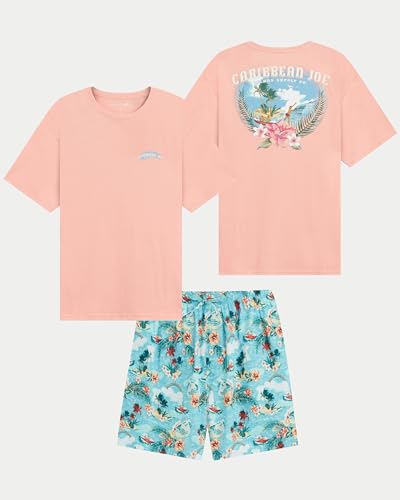 CARIBBEAN JOE Men's Sleep Set, Palm Island Shorts and Coral Crew Neck T-Shirt Pajamas, Lightweight Novelty PJs