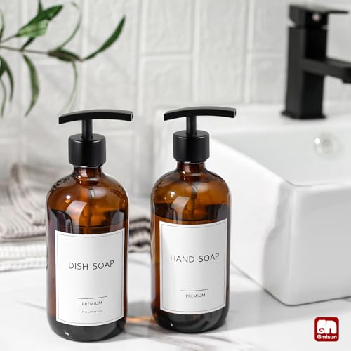 GMISUN Black Hand Soap Dispenser, 3 Pack Bathroom Glass Soap Dispenser with Plastic Pump, 16 Oz Kitchen Hand and Dish Dispenser Set, Modern Black
