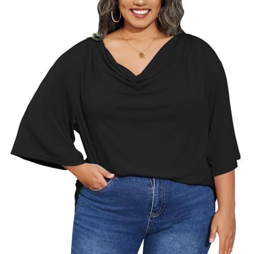 MK Shop Limited Plus Size Tops for Women Dressy 2024 Summer Casual 3/4 Sleeve Shirts Trendy Folded Neck Tee Slim Fit Short Sleeve Blouses Going Out Loose Outfits Black