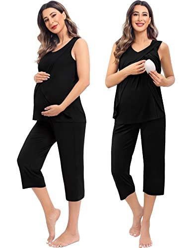 SWOMOG Women's Maternity Pajama Sets Sleeveless Pregnancy Pj Set Nursing Breastfeeding Sleepwear Set Adjustable Waistband Black