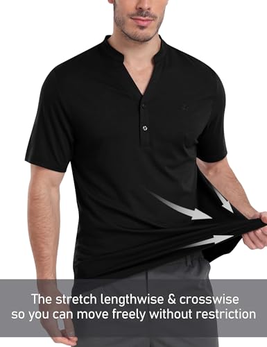 MoFiz Baron Men's Quick Dry Golf Polo Shirts Short Sleeve Henley Shirt Active Athletic Collarless Sport Polo Shirts Black Small