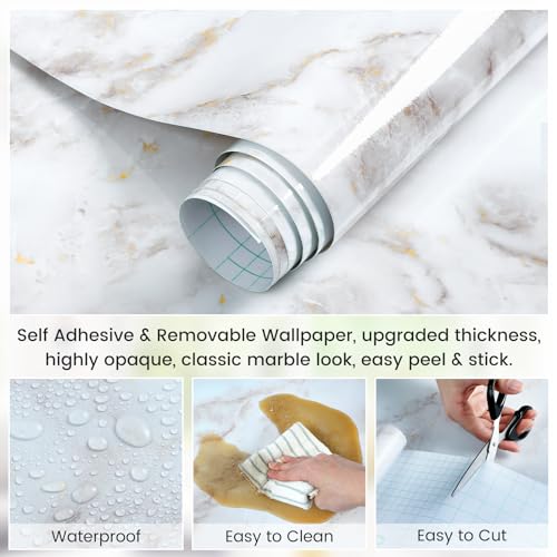 rabbitgoo Glossy Marble Contact Paper Peel and Stick Wallpaper 11.8" x 78.7" Countertop Furniture Waterpoof Self Adhesive Removable Cover for Kitchen Bathroom Cabinet Drawer Shelf Liner Vinyl Roll
