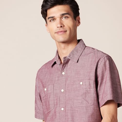 Amazon Essentials Men's Short-Sleeve Chambray Shirt, Burgundy, X-Small