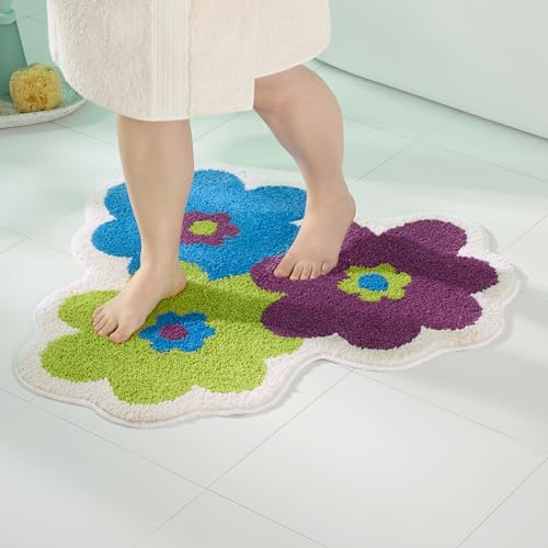 TOWN & COUNTRY PLAY Blossom Retro Daisy Flower Shaped Bath Mat, Absorbent Tufted Floor Mat, Non-Slip Backing, Machine Washable, Blue/Green/Purple, 31.5"x31.5"