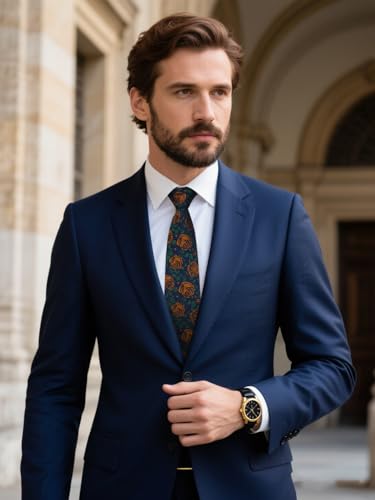 HISDERN Mens Green Floral Ties Woven Classic Necktie Set Formal Tie Pocket Suqare for Wedding Business with Handkerchief