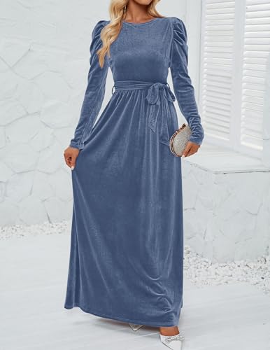 ZESICA Women's Velvet Maxi Dress Long Puff Sleeve Crew Neck Elastic High Waist Cocktail Party Bridesmaid Dresses,Black,Medium
