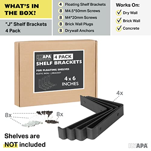 Ilyapa Heavy Duty Floating Shelf Brackets, 4 Pack - 4x6 Inch Black Metal Shelf Holders for Wall Mount Shelves