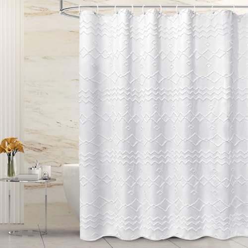 Seasonwood White Shower Curtain, Boho Woven Tufted Geometric Fabric Shower Curtain for Bathroom Modern Shabby Chic Textured Waterproof Farmhouse Cloth Shower Curtains, 72 x 72 Inches