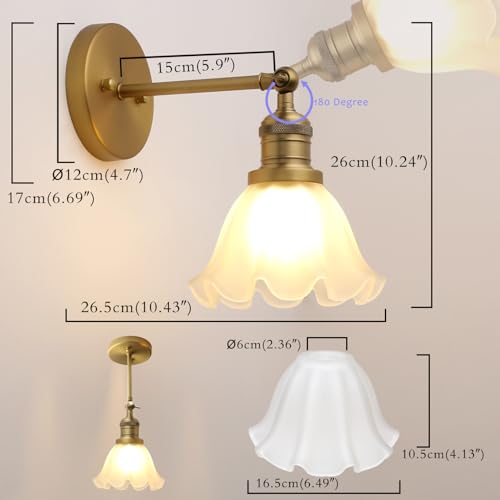 PERMO Milk White Glass Wall Sconce Lamp Single Antique Bronze Sconce Lighting Fixture with Lotus Leaf Shape Shade