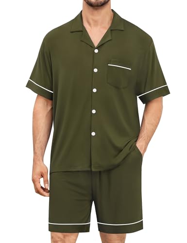 SWOMOG Mens Pajama Set Shorts Button Down Short Sleeve Sleepwear Soft Modal 2Pcs Pj Set with Pockets Army Green Small