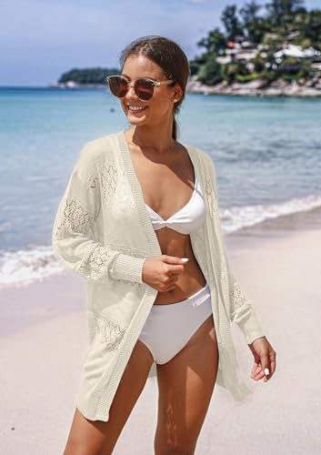 GRECERELLE Women's Lightweight Long Sleeve Cardigan Summer Casual Loose Open Front Pointelle Sweater Beach Coverup, Royal Blue, Medium