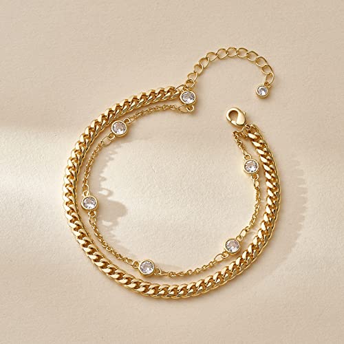 KissYan Gold Bracelets for Women, Dainty 14K White Gold Plated Layered Paperclip Tiny Pearl Cuban Link Chain Bracelet Set Adjustable Cute Jewelry Gift(G-cuban cz)