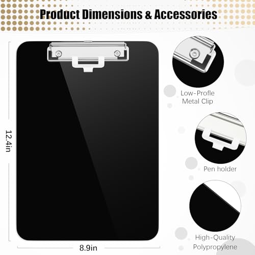 Hongri Plastic Clipboard with Pen Holder, Black 8.5x11 Letter Size Clip Board for Classroom, Office, Students, Nurses and Women, Low Profile Clip, Size 12.5 x 9 in