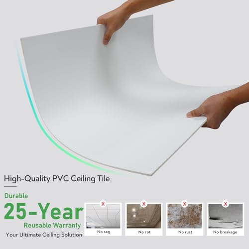 STICKGOO Drop Ceiling Tiles 2ft x 4ft, White PVC Ceiling Panels, Soomth Ceiling Tiles 24 x 48in, Waterproof - Fire-Rated to Prevent Breakage Cover 80 Sq. Ft, Pack of 10 Tiles